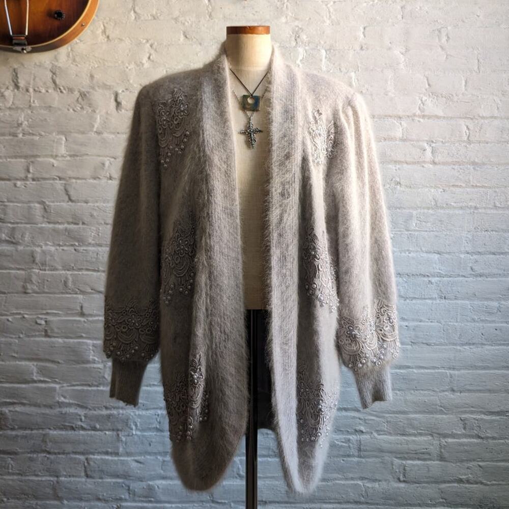 Vintage Furry Sweater Coat M Old Money Fuzzy Jacket 90s Romantic Lace Grannycore